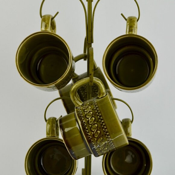 Vintage Avocado Green Japan Coffee Mugs Set of 6 With Storage Tree - Picture 6 of 10